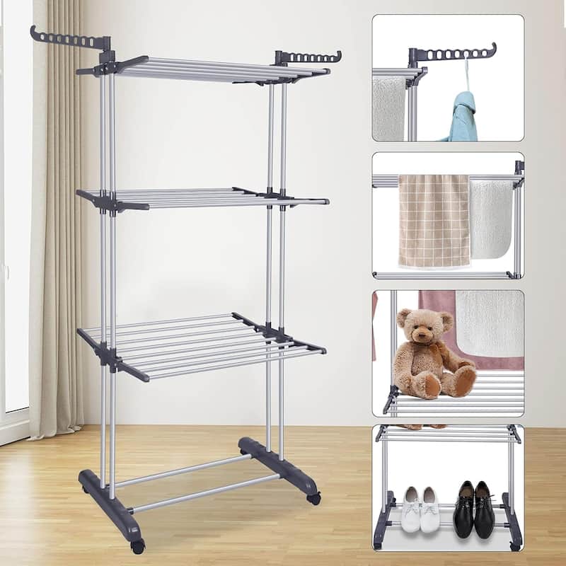 Clothes Drying Rack Folding Clothes Rail 4 Tier with Two Side Wings ...
