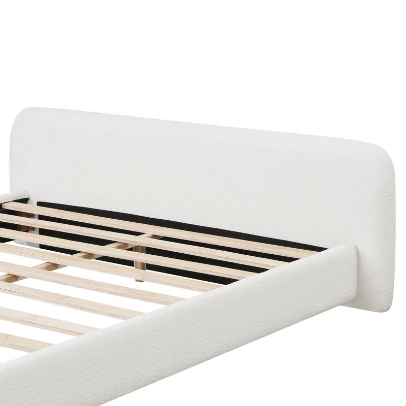 Boucle Upholstered Platform Bed Frame with Wooden Slats Support