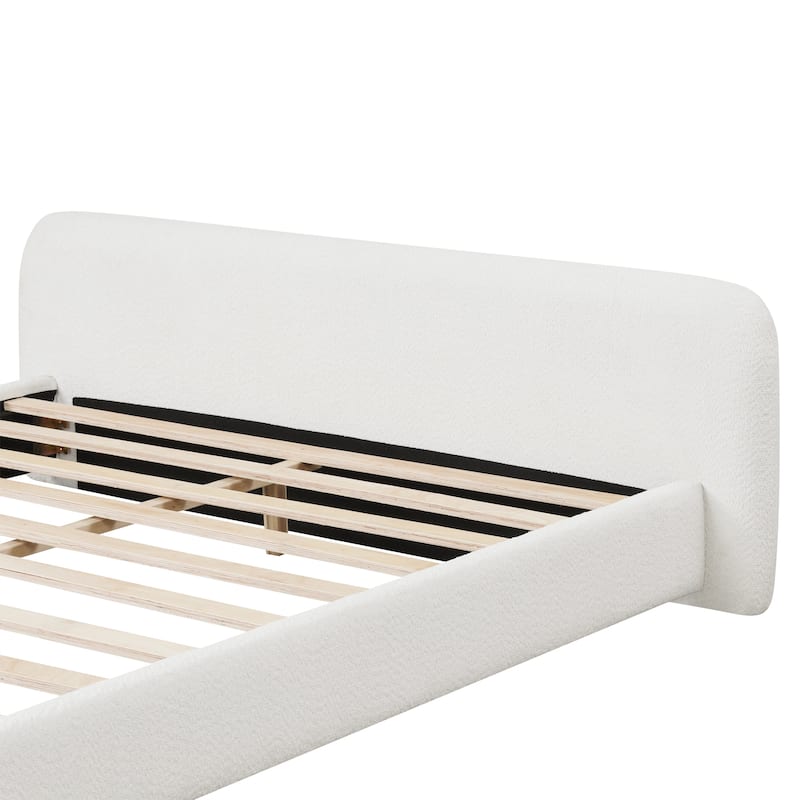 White Boucle Upholstered Bed Low Profile Bed with Headboard, Slat Support Platform Bed Birch Wood and Engineered Wood Framework
