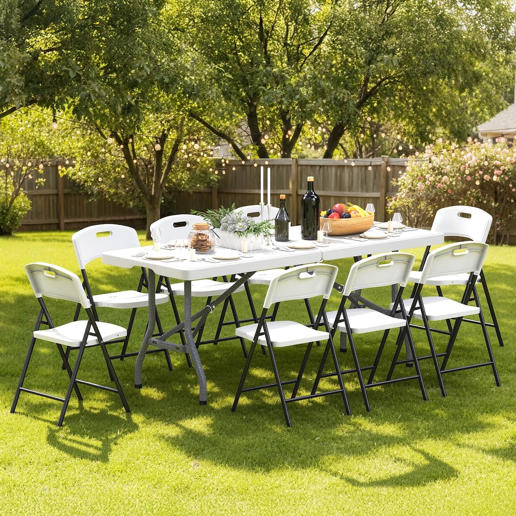 71.5" Foldable Outdoor Dining Set with 8 Fully assembled Dining Chairs - N/A