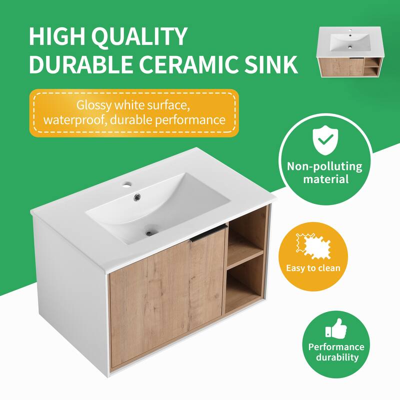 BNK 20"/24"/30" Single Sink Bathroom Vanity with Soft Close Door or Right Side Shelves, Modern Floating Vanity