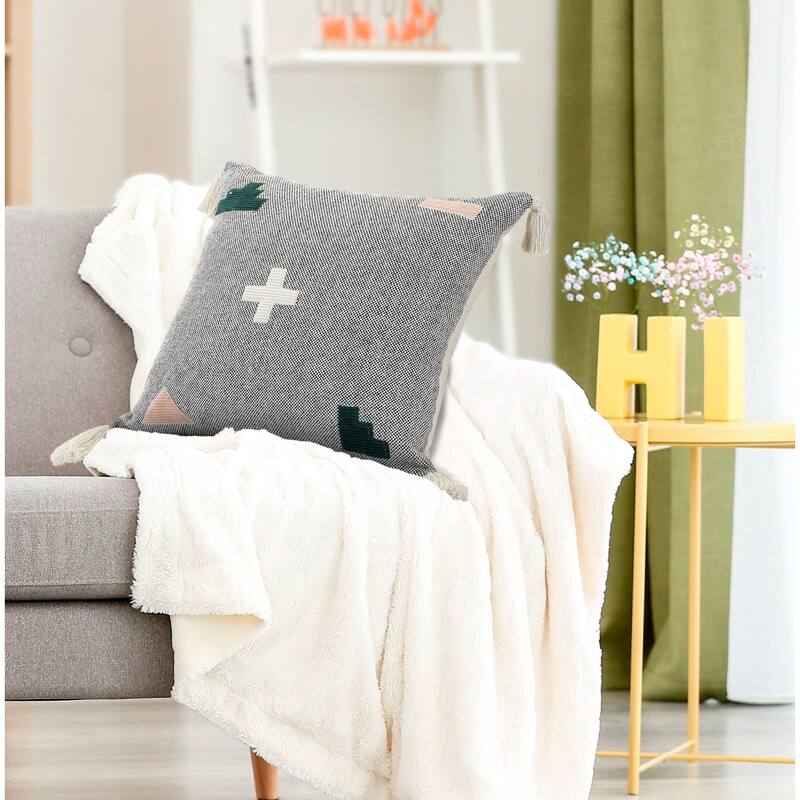 20" Gray and Black Geometric Patchwork Square Throw Pillow with Tassels