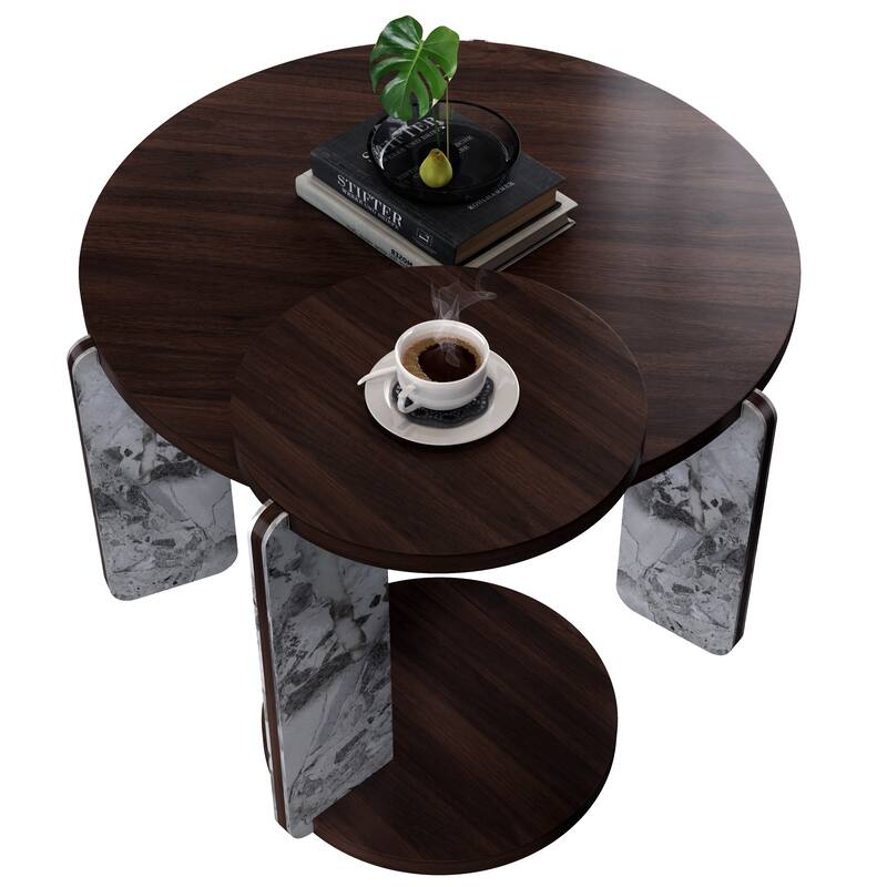 Round Nesting Coffee Table Set of 2, Sintered Stone Top Nesting Tables with Metal Frame, Modern Accent Side Table Set