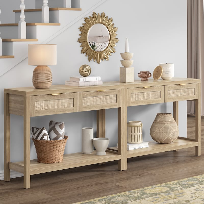 SICOTAS Rattan Console Table with 2 Drawers and Shelves - 30 x 39.4 x 13.8