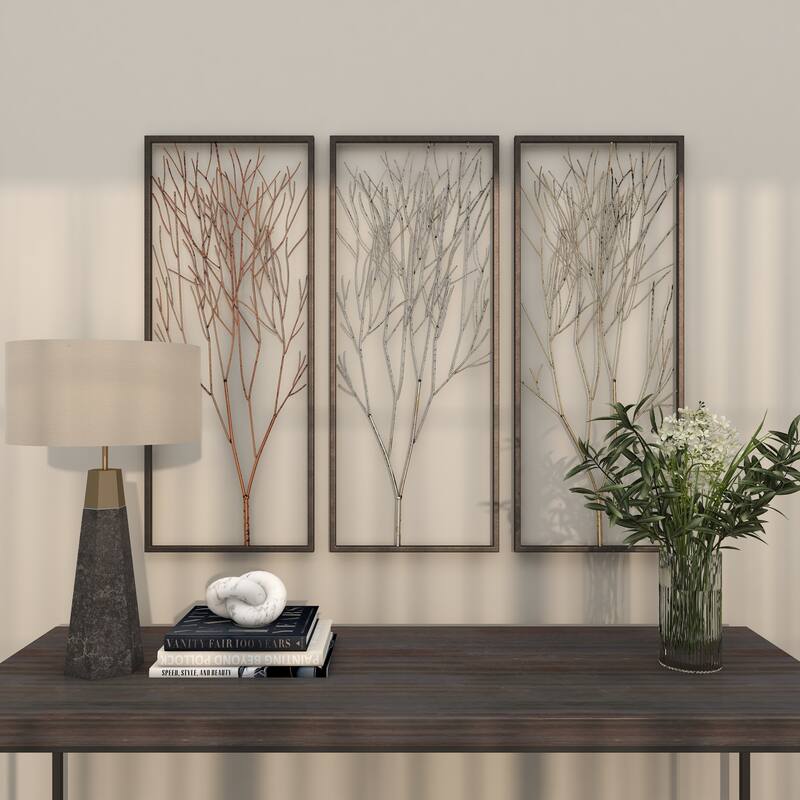 Black Metal Branch Tree Home Wall Decor with Metallic Copper, Silver, and Gold (Set of 3)