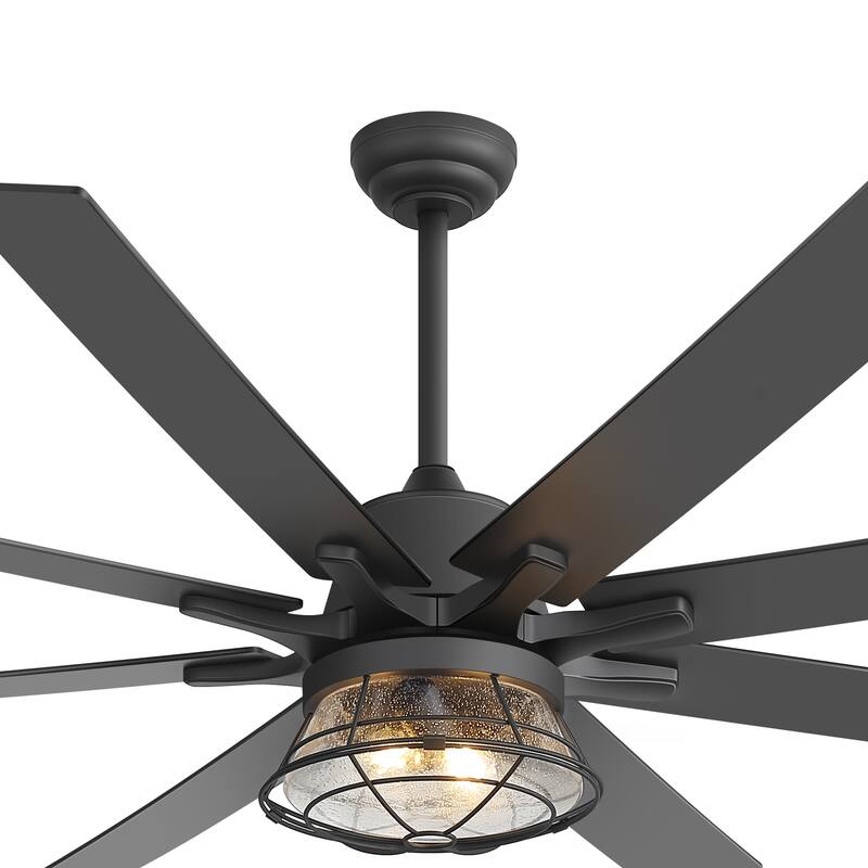 65" Industrial Seeded Glass Black Decorative Ceiling Fan with Remote and Light Kit