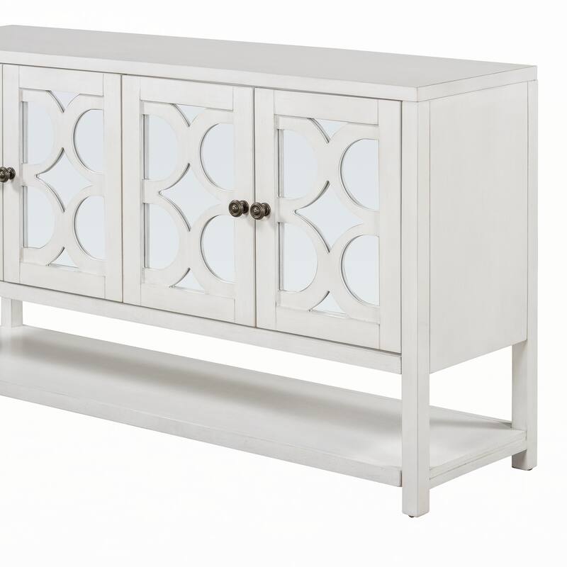 Retro Console Table with Mirrored Doors(Antique White)