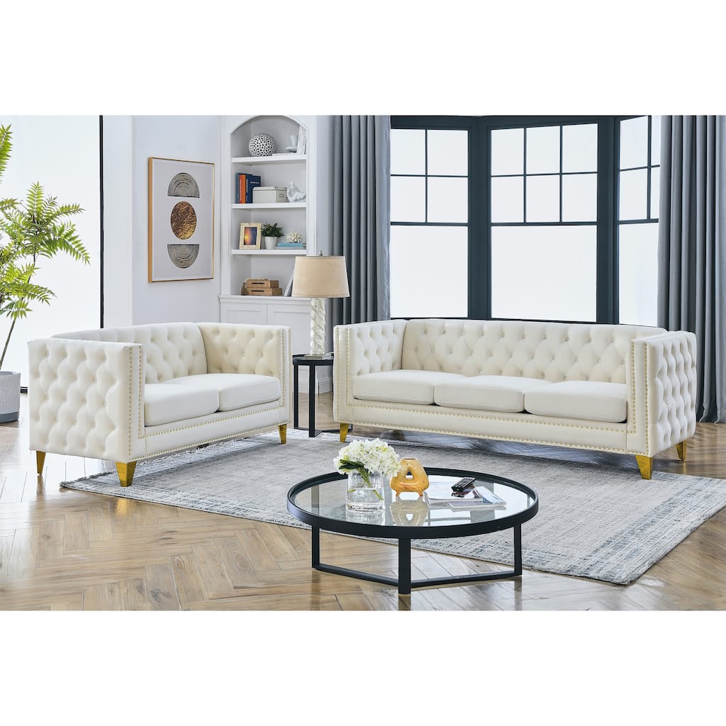 Roomfitters 2-Piece Chesterfield Sofa Set, Upholstered 3-Seater Sofa and Loveseat with Gold Legs and Nailhead Trim, Beige
