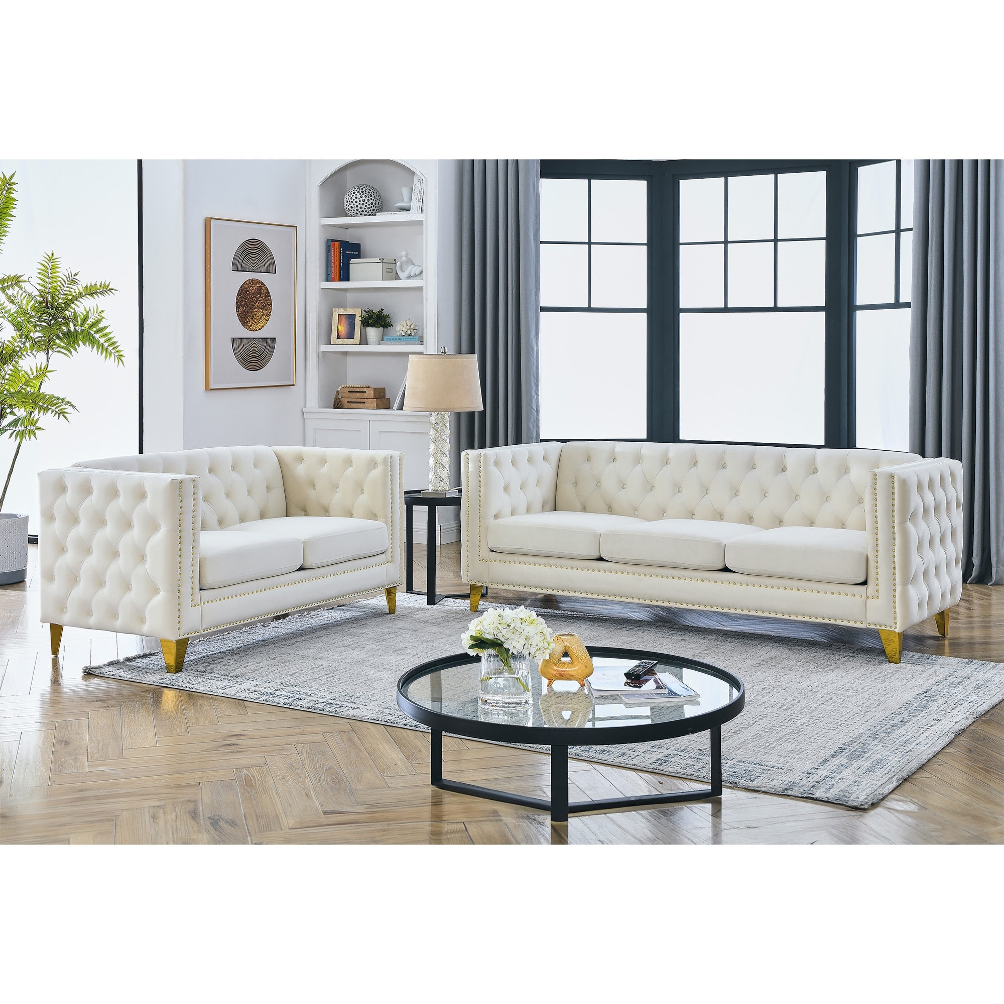 Roomfitters 2-Piece Chesterfield Sofa Set, Upholstered 3-Seater Sofa and Loveseat with Gold Legs and Nailhead Trim, Beige