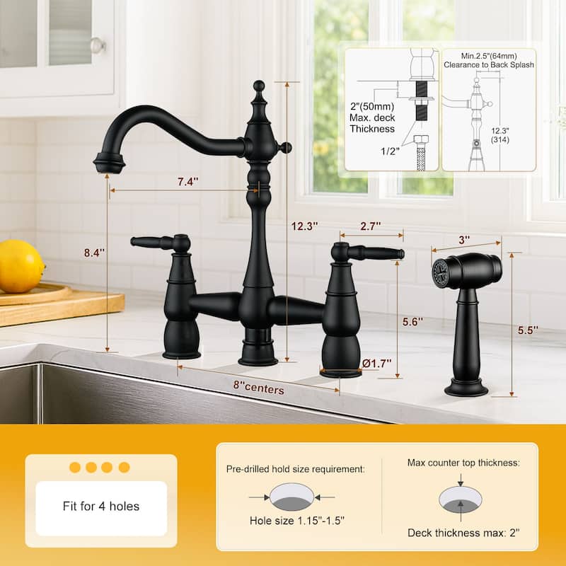 WOWOW 4 Hole Double Handle Bridge Kitchen Faucet with Side Sprayer
