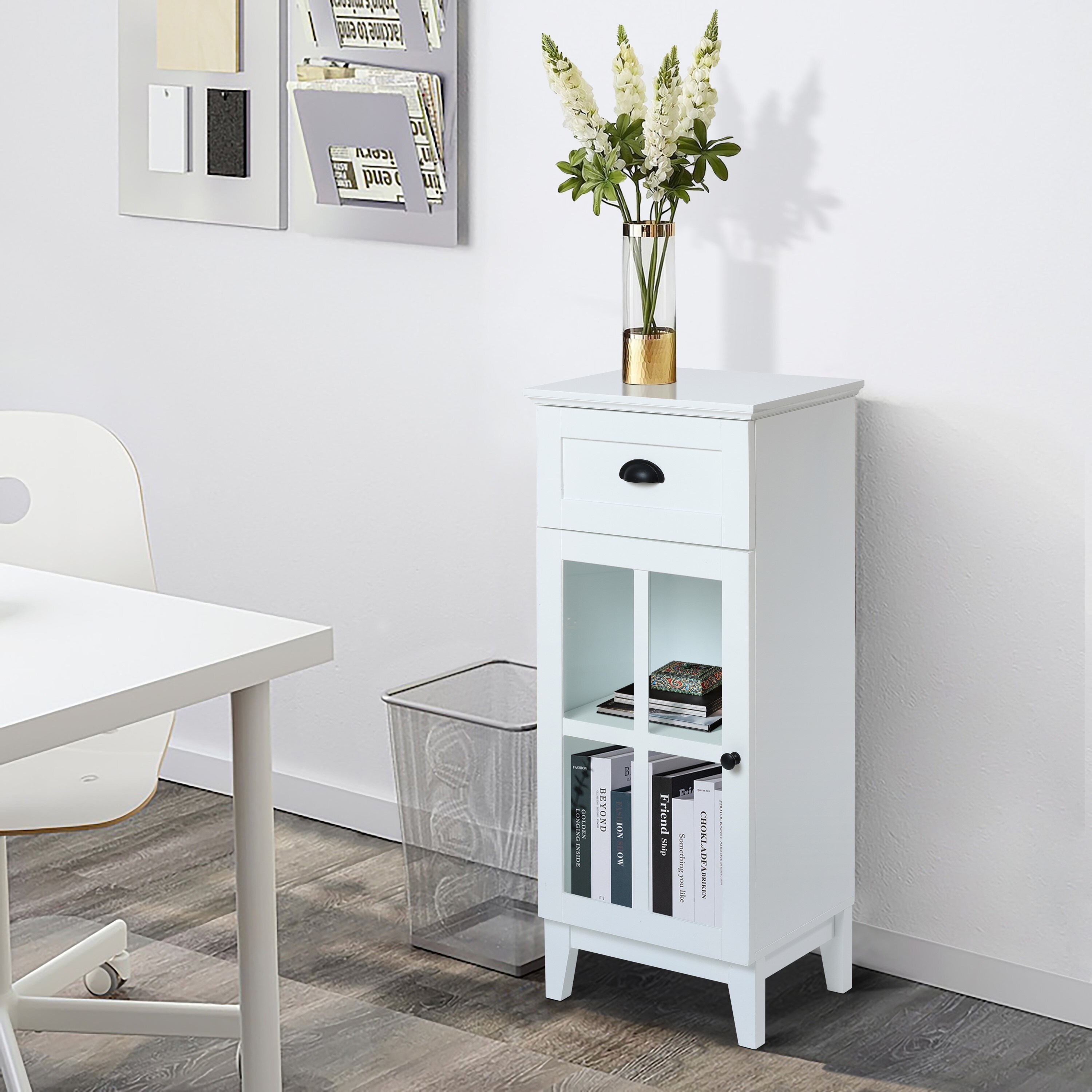 White MDF Wood Slim Bathroom Storage Cabinet and End Table 37 H x 15.7 W x 11.8 D