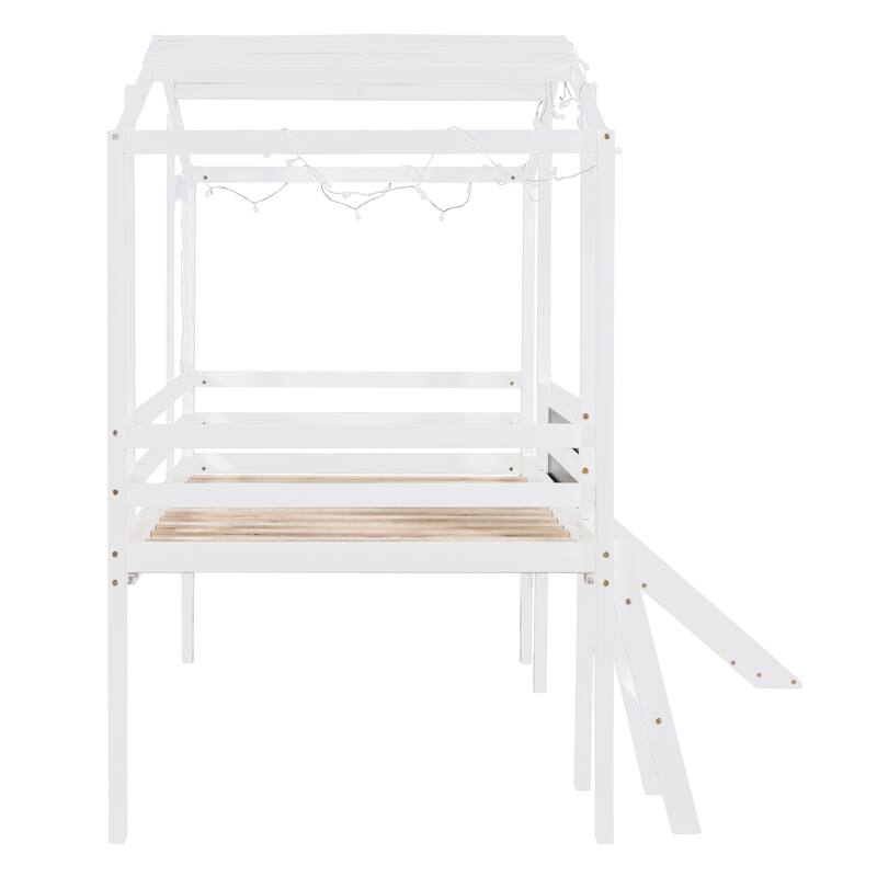 Loft Bed with Ladder and Slide, House Bed with Blackboard and Light Strip on the Roof