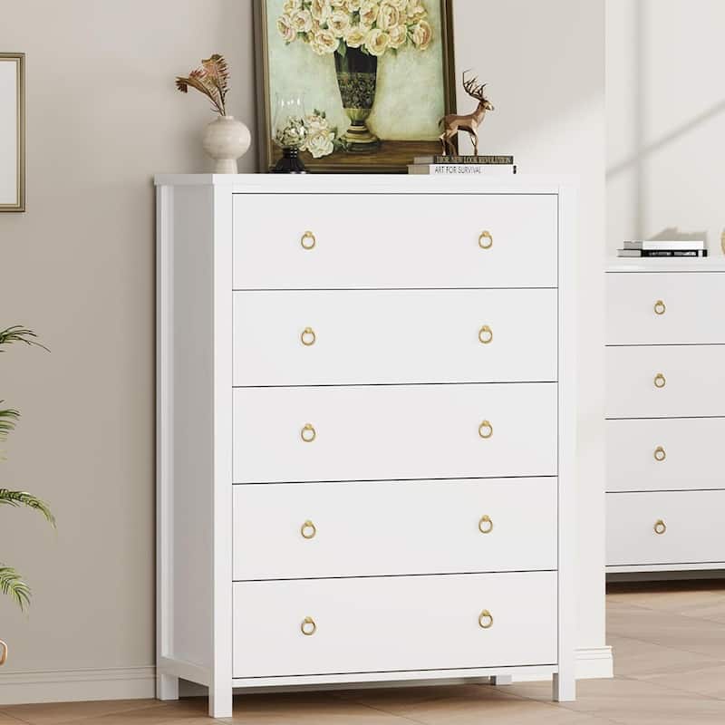 Rattan Dresser Storage Cabinet for Bedroom Living Room, White - 5-drawer