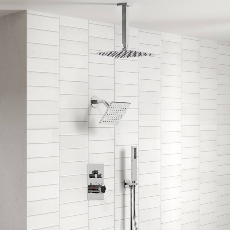 Thermostatic Shower Faucet, 12" High-Pressure Dual Showerheads System with Rough-In Valve - Chrome
