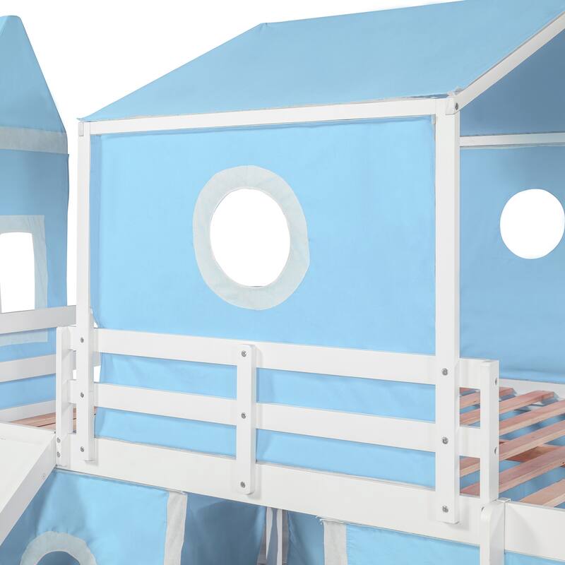 Full Size Loft Bed with Slide, Pink Tent, and Tower in Blue - Durable Pinewood Construction