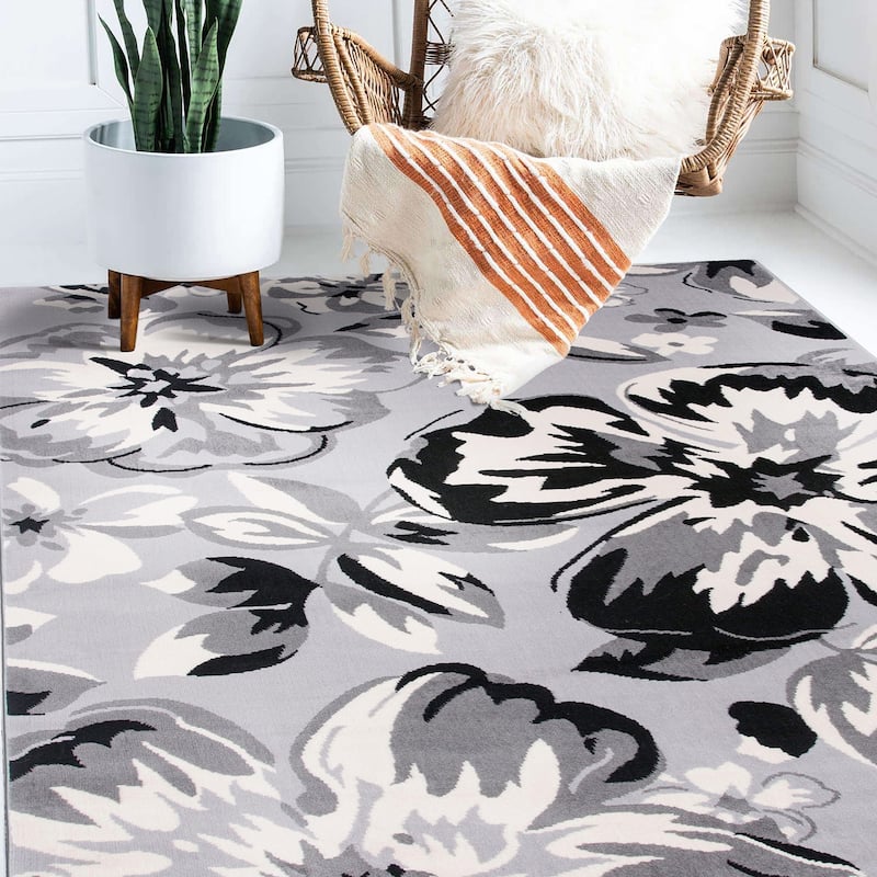 World Rug Gallery Modern Floral Design Area Rug - 6'6" x 9' - Gray - Runner/Rectangle
