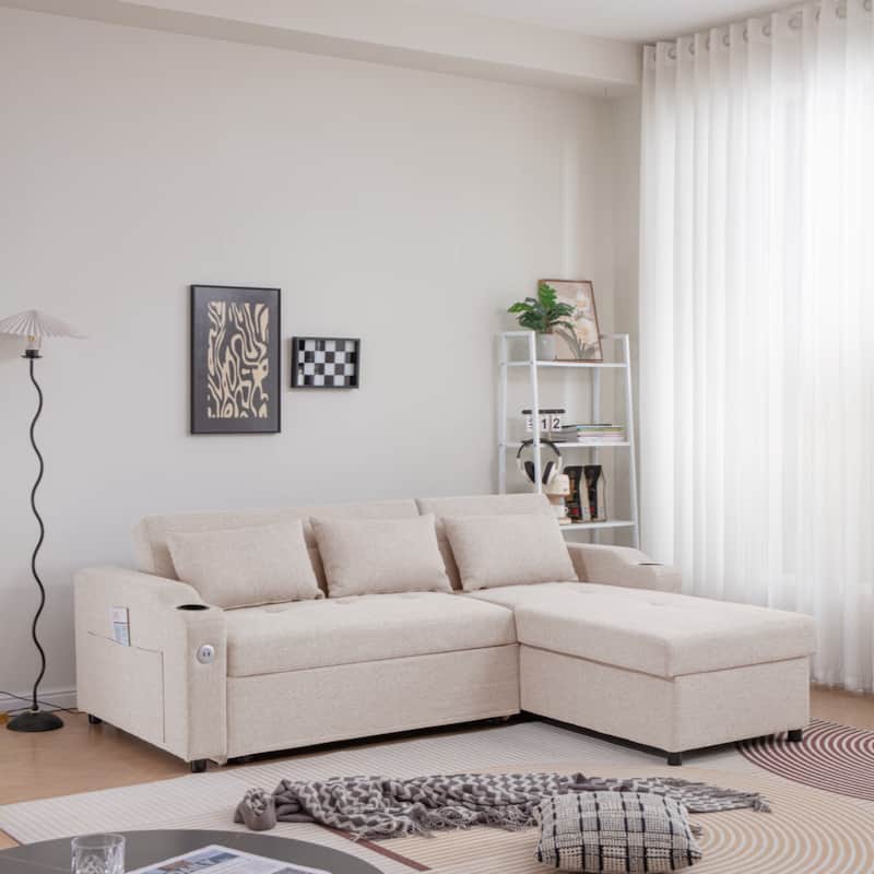 84"Adjustable Backrest Sofa Bed,3 in 1 Linen Sleeper with USB Ports & Cup Holders, Pull Out Couch Bed with Storage Chaise
