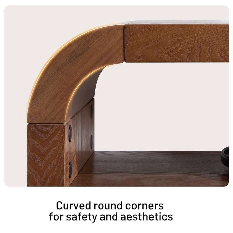 59.4" 2-Tier Curved Long Console Table with Solid Oak Wood Veneer - 59.45"L x 13.78"W x 32.87"H