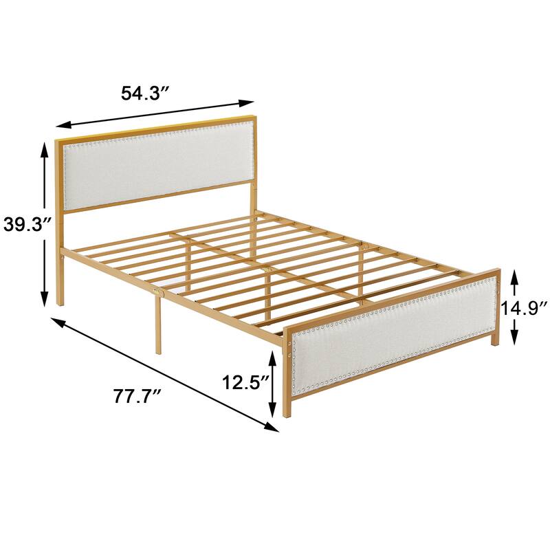 Metal Bed Frame with Linen Upholstered Nailhead Headboard, Platform Bed with 12.6" Under Bed Storage, No Box Spring Needed