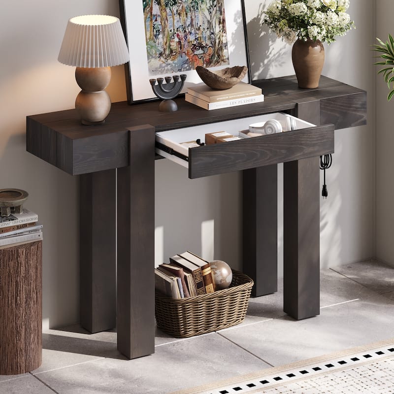 Rustic Minimalist Console Table with 1 Hidden Drawer and Side Power Outlet