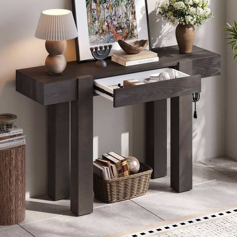 Rustic Minimalist Console Table with Hidden Drawer, Side Power Outlet, Wood Entryway Table for Entryways, Living Rooms - Espresso