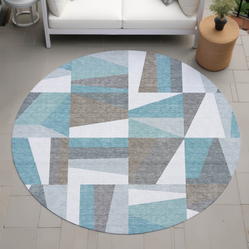 Machine Washable Indoor/ Outdoor Contemporry Mosaic Chantille Rug - Teal - 8' x 8'