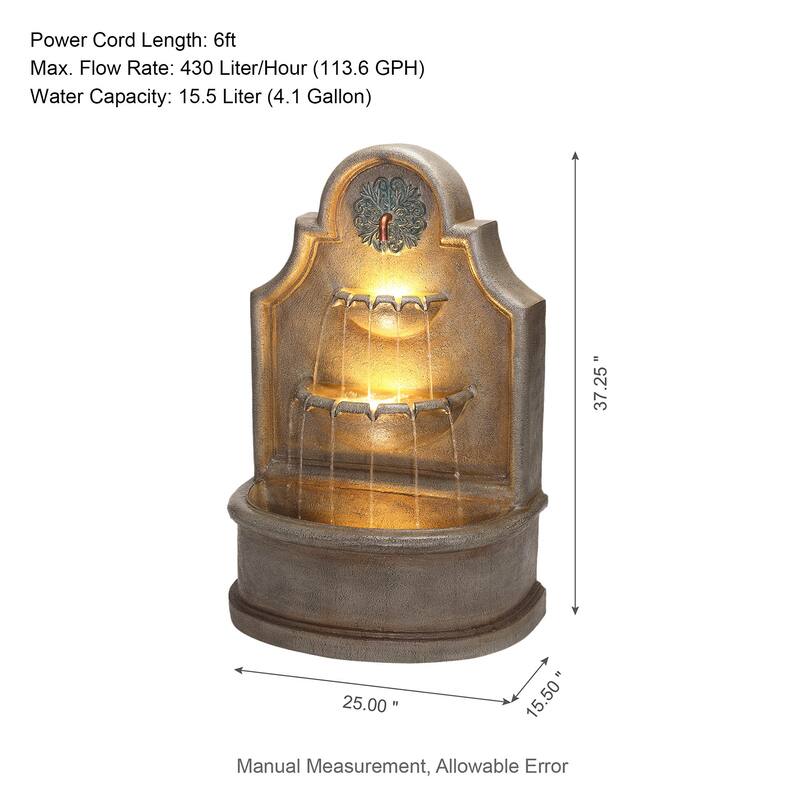 Glitzhome 37.25"H Oversized 3-Tier Single Spout European Style Polyresin Wall Fountain with LED Lights