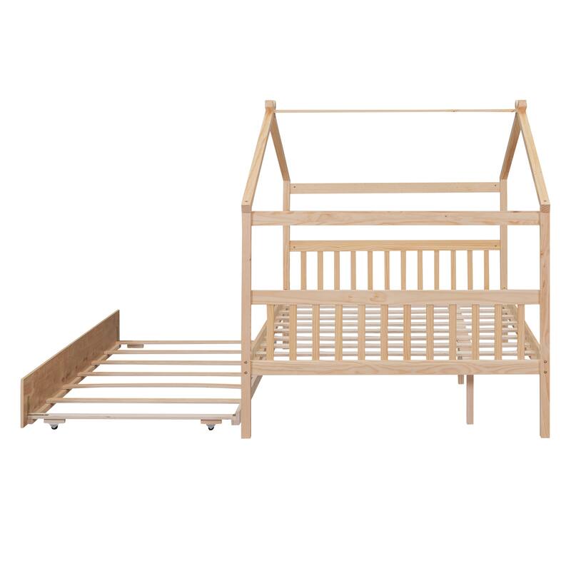 Natural Wood Full Size Wooden House Bed with Twin Size Trundle Double Bed with Shelves