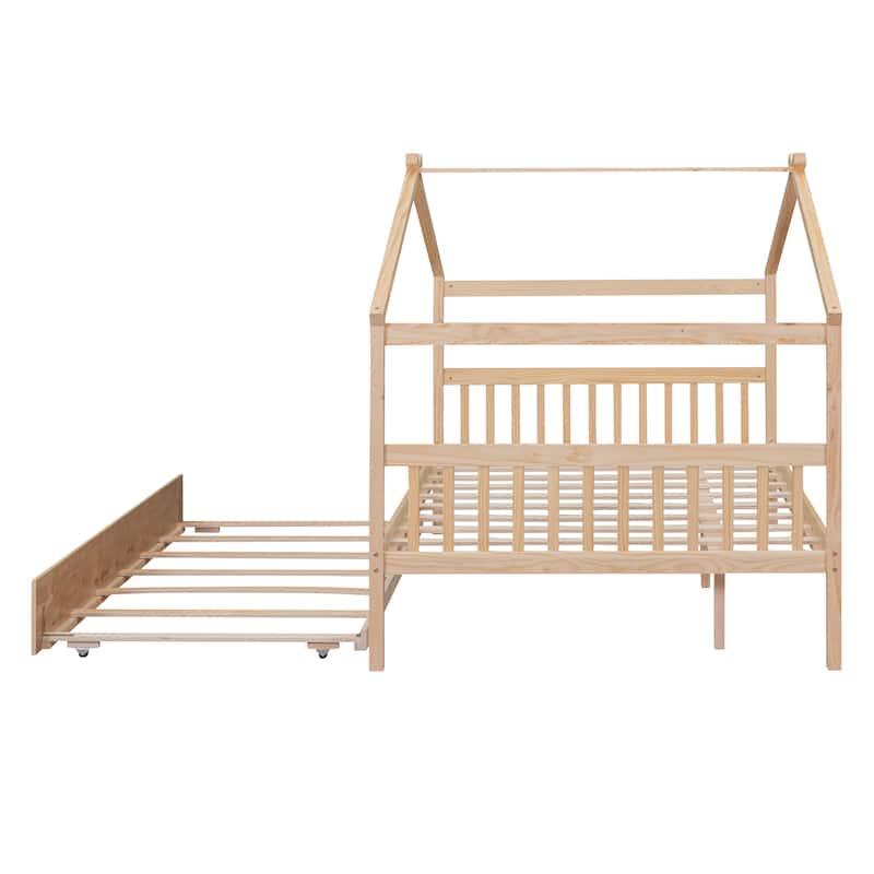Twin/Full House Bed with Pull-Out Trundle, Solid Pine Wood Frame for Sleepovers