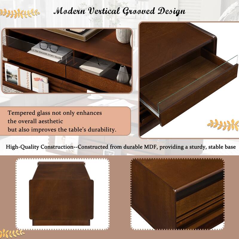 Modern Wood Coffee Table with Fluted Style,4 Drawers and 2 Display Shelves