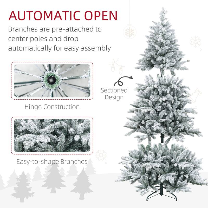 7FT/8FT Snow Flocked Christmas Tree with Realistic Branch Tips and Metal Stand