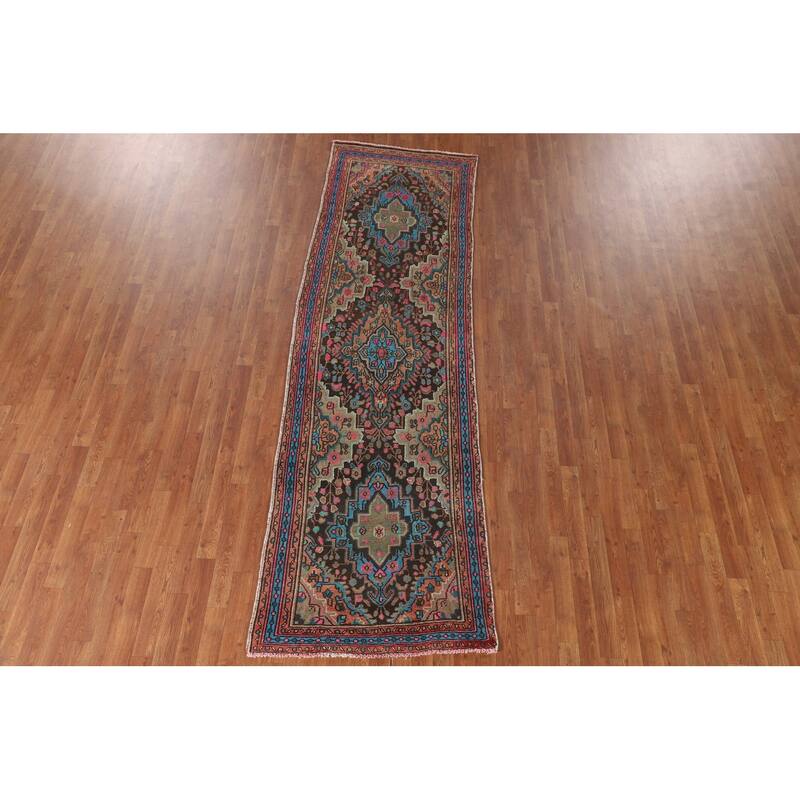 Geometric Hamedan Persian Vintage Runner Rug Handmade Wool Carpet - 3'1"x 10'3"