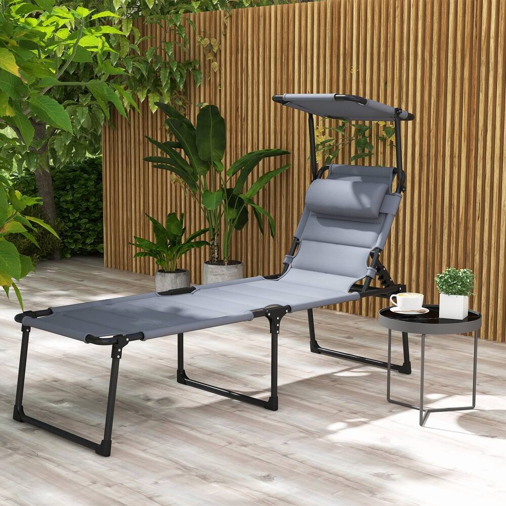 Outsunny Outdoor Chaise, Adjustable Folding Chaise Lounge with 4-position Backrest, Sun Roof, Head Pillow