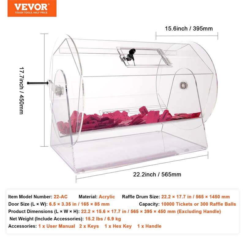 VEVOR Acrylic Raffle Drum, Professional Raffle Ticket Spinning Cage with 2 Keys, Transparent Lottery Spinning Drawing. - White