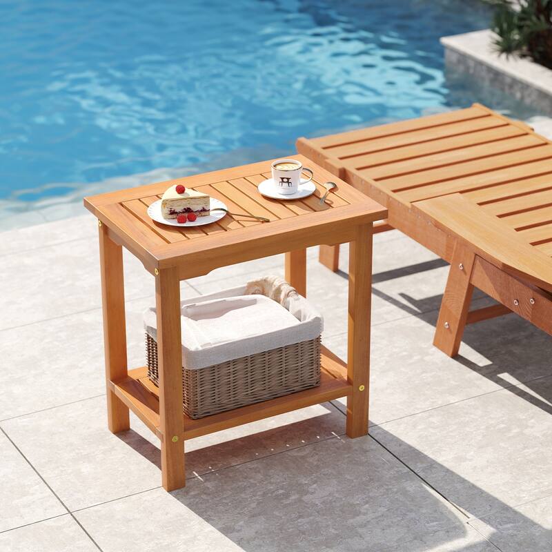 Gymax Outdoor Acacia Wood Side Table 2-Tier Patio End Table w/ Slatted