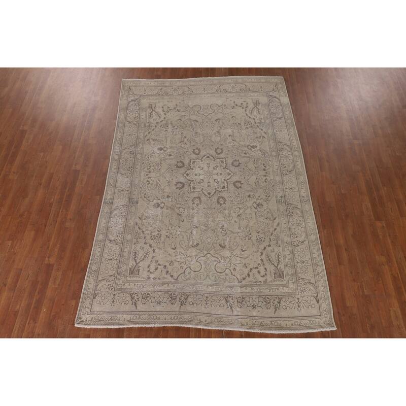 Traditional Tabriz Persian Vintage Rug Hand-Knotted Beige Wool Carpet - 6'6"x 9'7"
