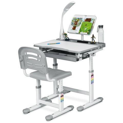 Gymax Height Adjustable Kids Desk Chair Set Study Drawing w/Lamp &