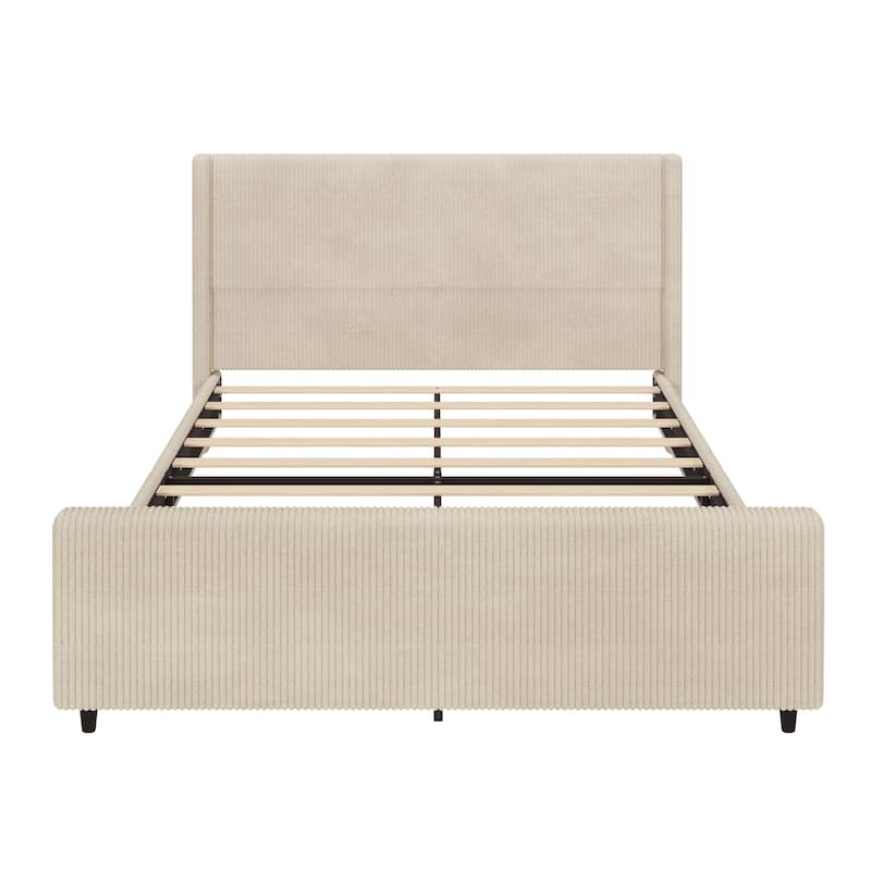Cream King Size Corduroy Upholstered Platform Bed with Vertical Stripe Wingback and High Footboard