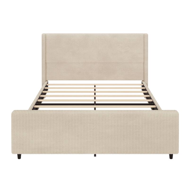 King Size Corduroy Upholstered Platform Bed with Vertical Stripe Wingback and High Footboard