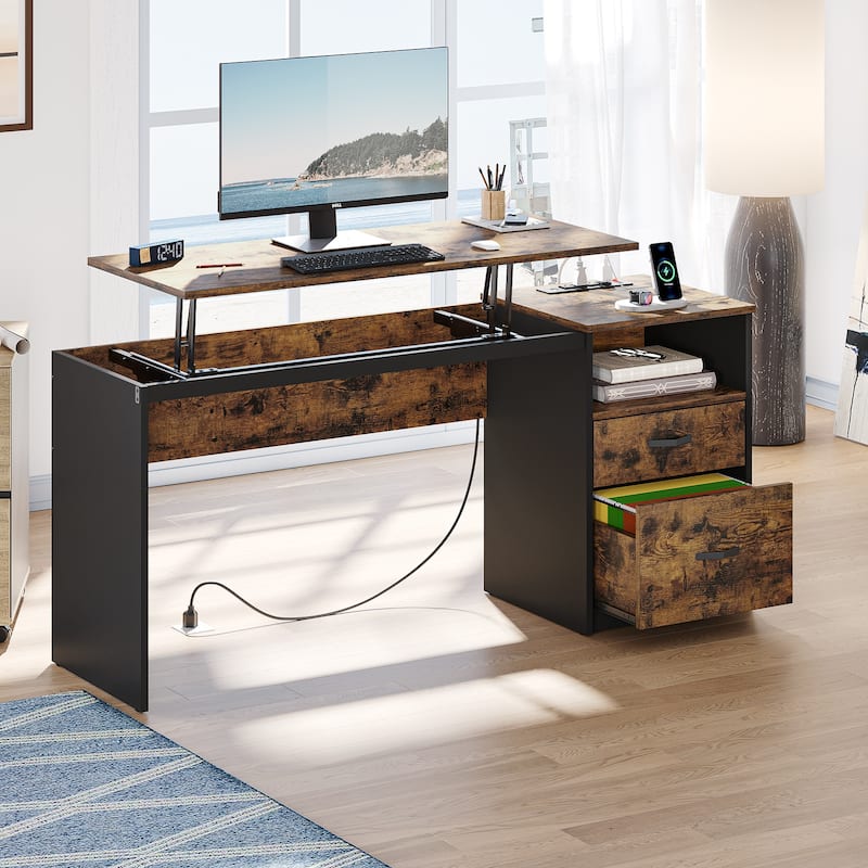 Computer Desk Lift Top Desk with Outlet and Drawers File Cabinet