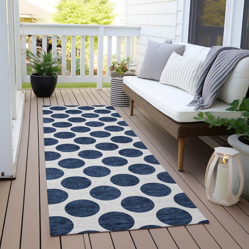 Machine Washable Indoor/ Outdoor Polka Dots Chantille Rug - Navy - 2'3" x 7'6"