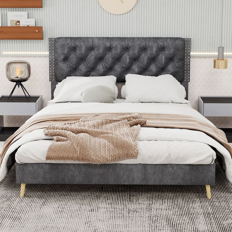 Queen Size Platform Bed Frame with Upholstered Headboard - Grey