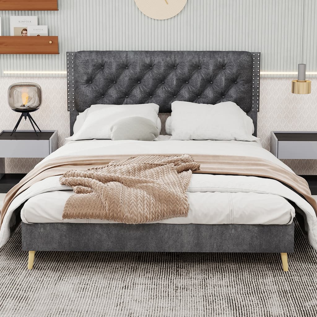 Queen Size Platform Bed Frame with Upholstered Headboard