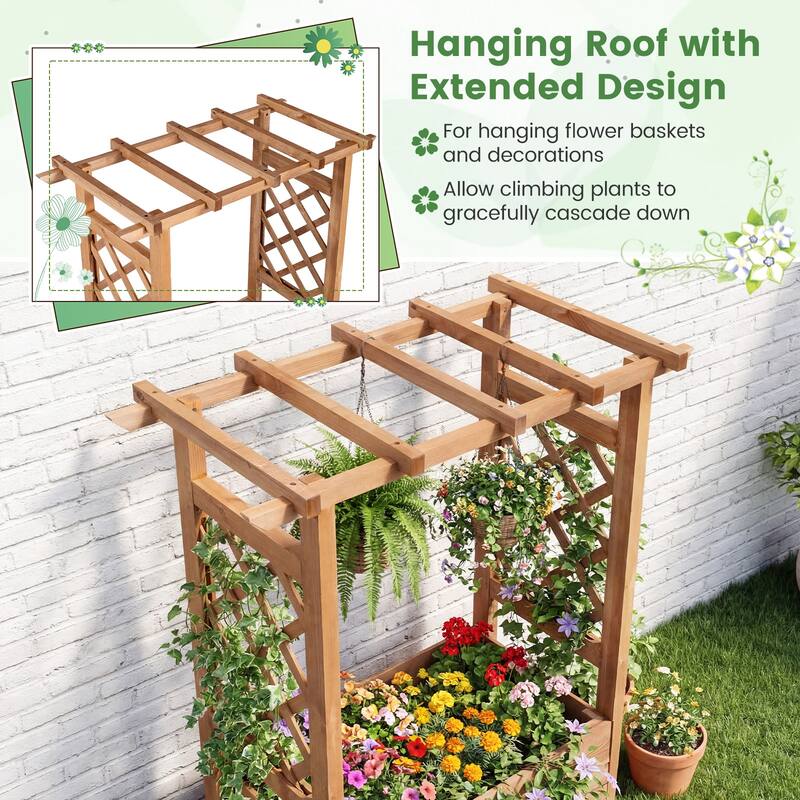 Gymax 2PCS Wooden Raised Garden Bed/ Lattice Trellises Hanging Roof