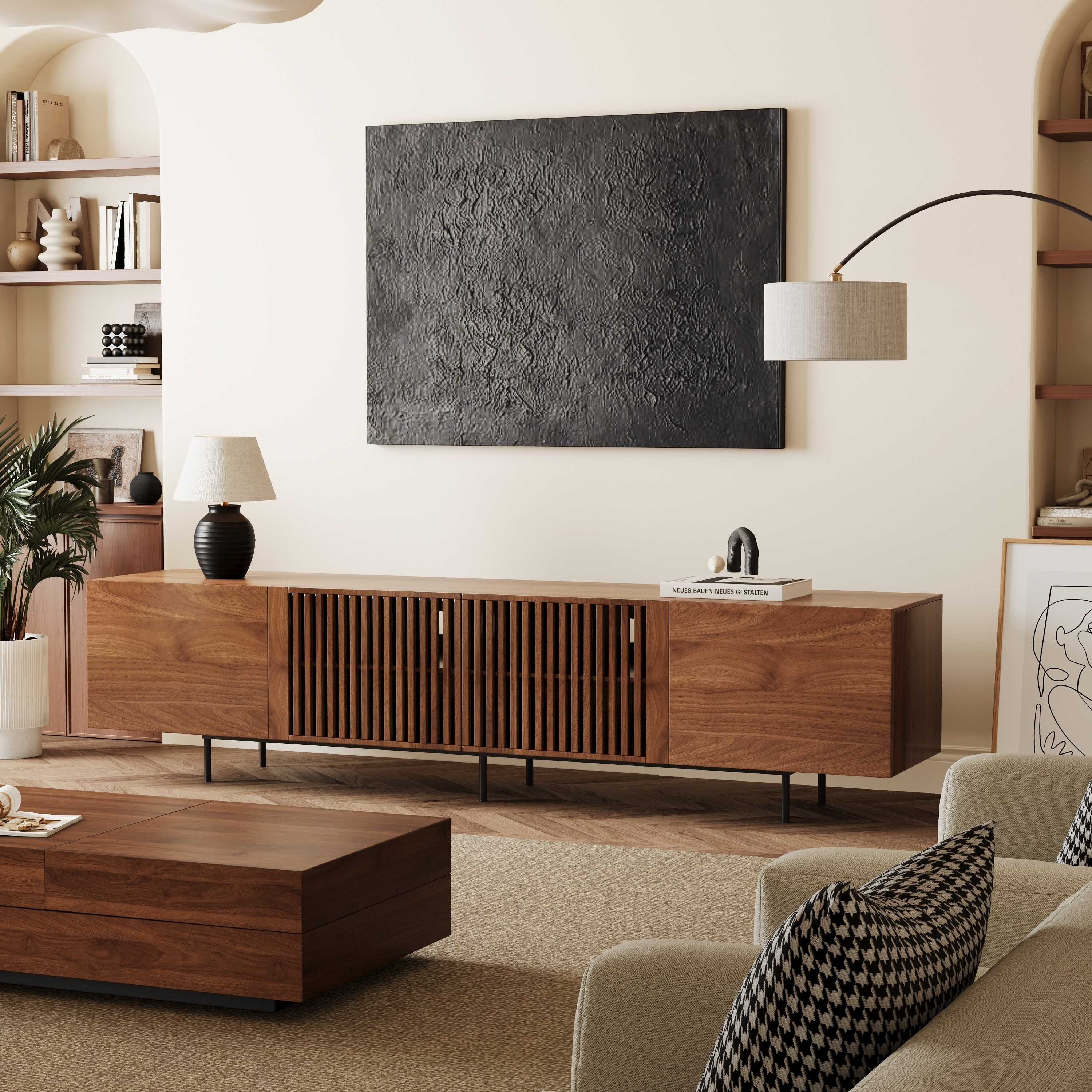 Farmhouse TV Stand for up to 65" TV with Doors and Open Shelves Media Console Power Outlet