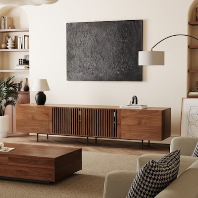 Stylish mid-century modern TV stand for up to 80" TVs. Ample storage for media devices, cable management. easy assembly.