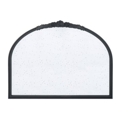 Eel 40 Inch Wall Mirror, Black Arched Wood Frame, Hand Carved Rose Crown