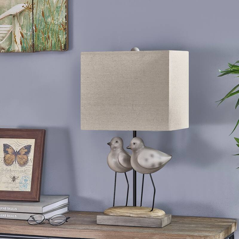 20"H Gray and Tan Resin Birds Table Lamp With Shade - 11" x 7" x 20"