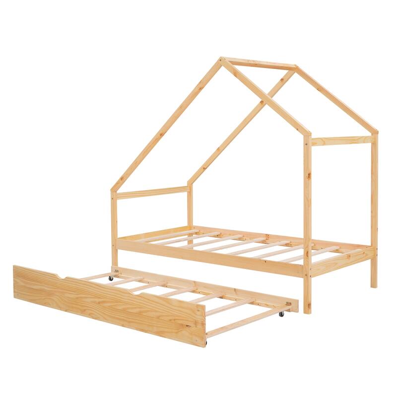 Wooden House Bed With Trundle