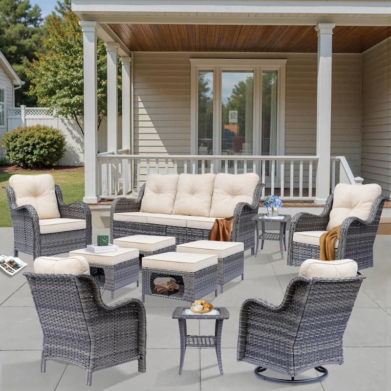 11 Piece Outdoor Wicker Patio Conversation Furniture Swivel Chairs Set - Beige-Gray Rattan